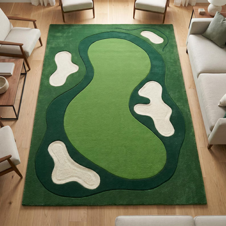 Golf Course Area Rug, Tufted Green Putting Green Carpet, Sand Trap Novelty Rug for Man Cave, Quirky Sports Decor, Abstract Wavy Room Rug. RGTP29