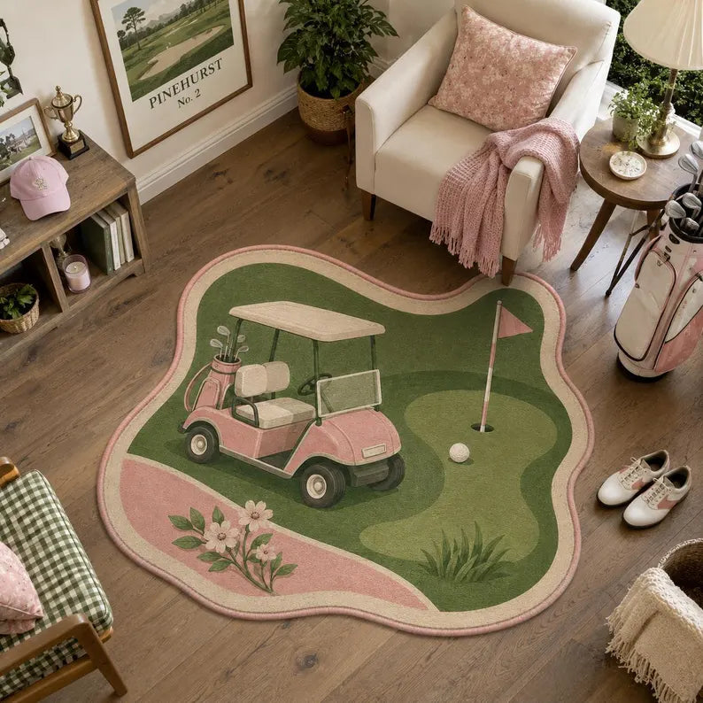 Golf Cart Rug, Pink Green Fairway Carpet, Golfer Gift. RGTP5