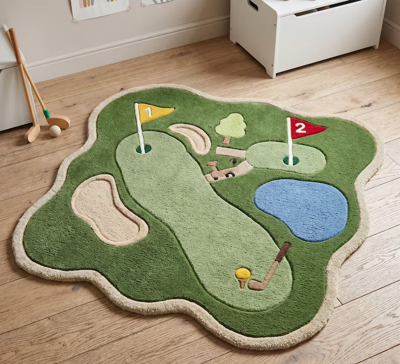 Handmade Wool Kids Area Rug – Nursery room Golf Play Mat. RGTP27