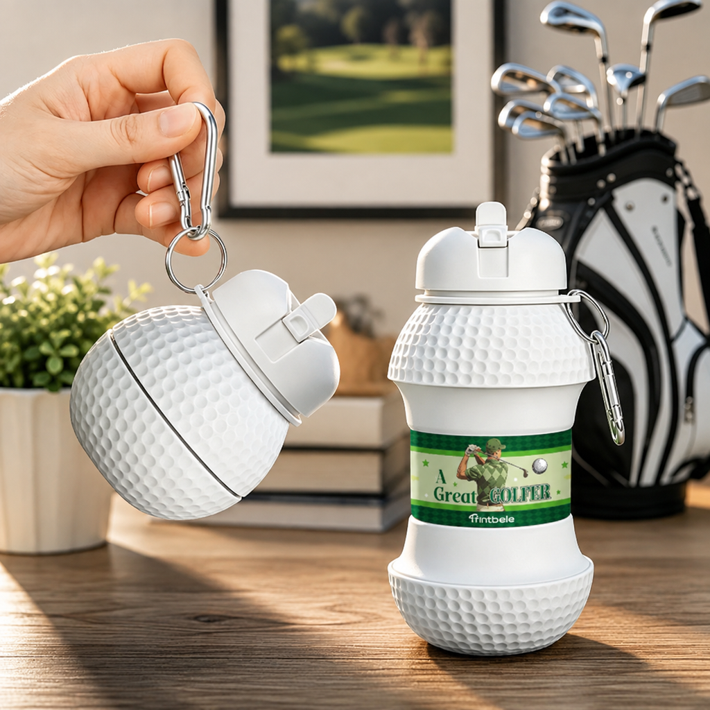Personalized Golf Ball Foldable Water Bottle, Custom Golfer Name & Photo Collapsible Silicone Bottle, Golf Gift for Men Dad Husband – WBGOLF01