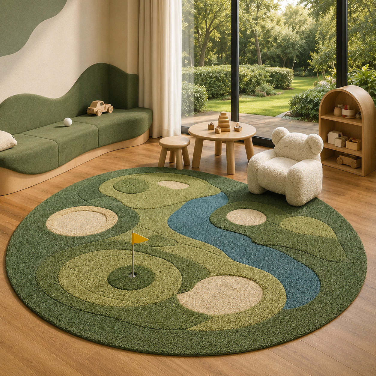 Hand Tufted Golf Course Landscape Rug, Green Nature Moss Carpet, Playful Nursery Decor . RGTP10