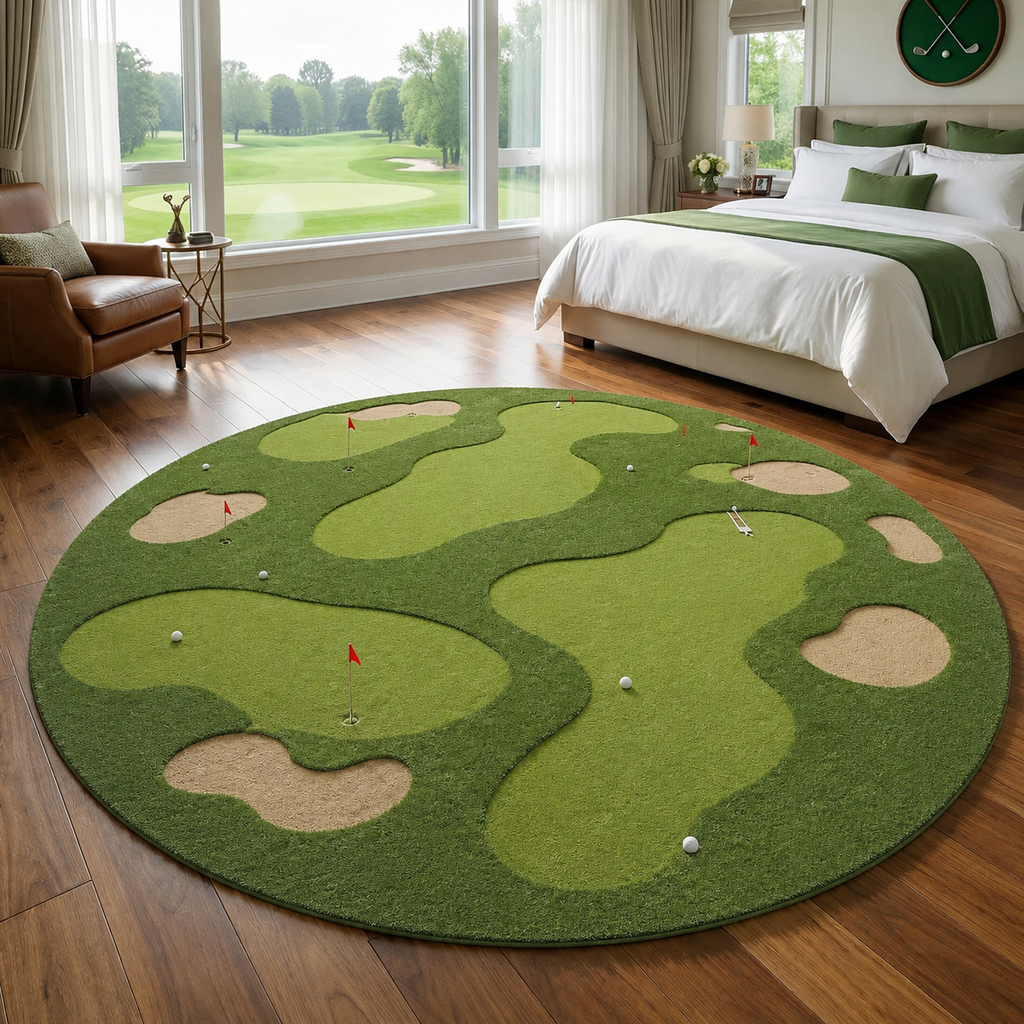 Golf Putting Green Round Rug | Hand-Tufted Wool Putting Mat | Indoor Golf Practice Rug for Living Room, Game Room, Man Cave. RGTP16