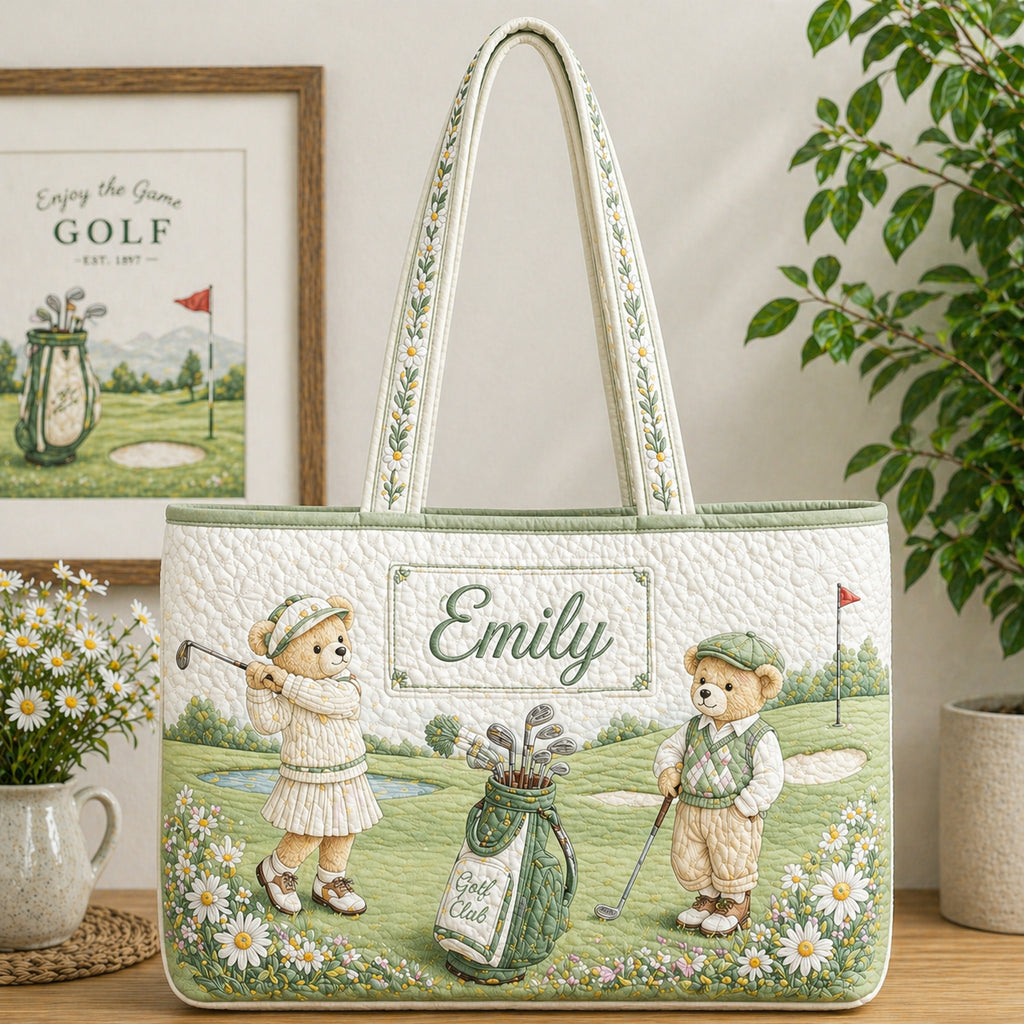 Personalized Bear Golf Quilt Tote Bag, Custom Name Bear Golf Shoulder Bag, Quilted Tote for Golf Lover, Cute Golf Gift for Her QTTB01