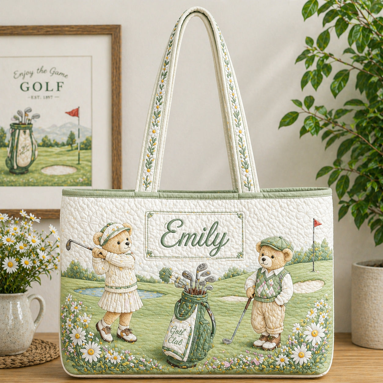 Personalized Bear Golf Quilt Tote Bag, Custom Name Bear Golf Shoulder Bag, Quilted Tote for Golf Lover, Cute Golf Gift for Her QTTB01
