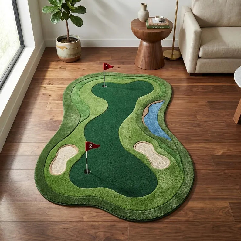 Hand Tufted Wool Golf Putting Green Rug, Irregular Golf Hole Shape, Man Cave Decor. RGTP24