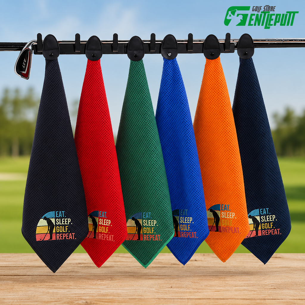 Eat Sleep Golf Repeat Towel, Waffle Microfiber Golf Towel with Clip, Funny Golfer Gift, Golf Bag Accessory for Men and Women TWGTP07