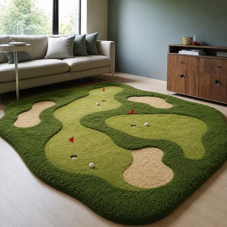 Hand Tufted Golf Rug, Green Area Rug, Golf Course Carpet, Sports Theme Rug, Custom Handmade Rug. RGTP21