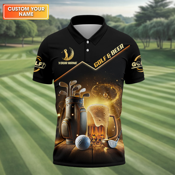 Funny Beer & Golf Polo Shirt - Weekend Forecast Quote - Custom Name Gift for Golfer Dad - Black & Gold Performance Top