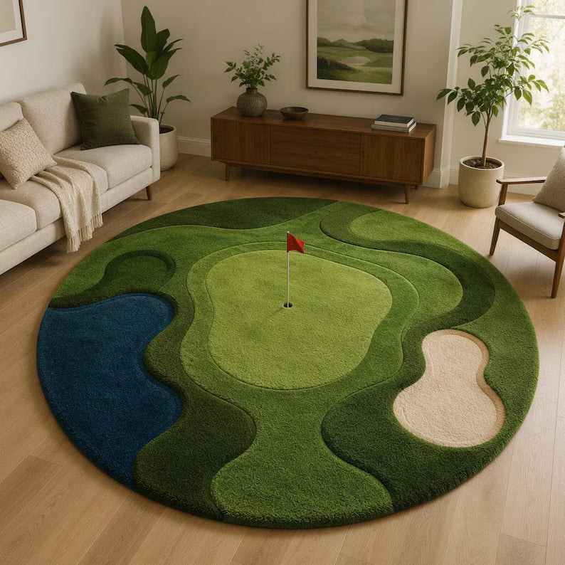 Golf Course Area Rug, Round Golf Green Rug, Sports Theme Carpet, Golf Lover Gift Rug, Putting Green Inspired Area Rug,Golf Course Home Decor. RGTP23
