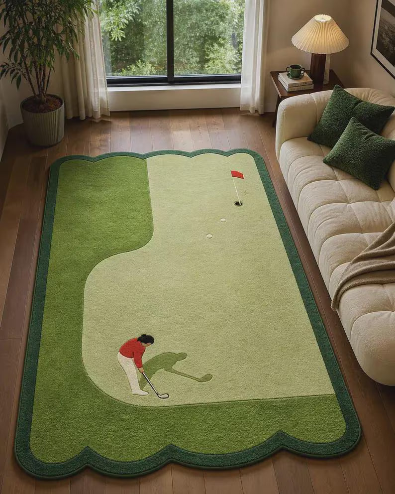 Hand-Tufted Wool Golf Course Area Rug, Green Landscape Pattern, Novelty Sports Carpet. RGTP17