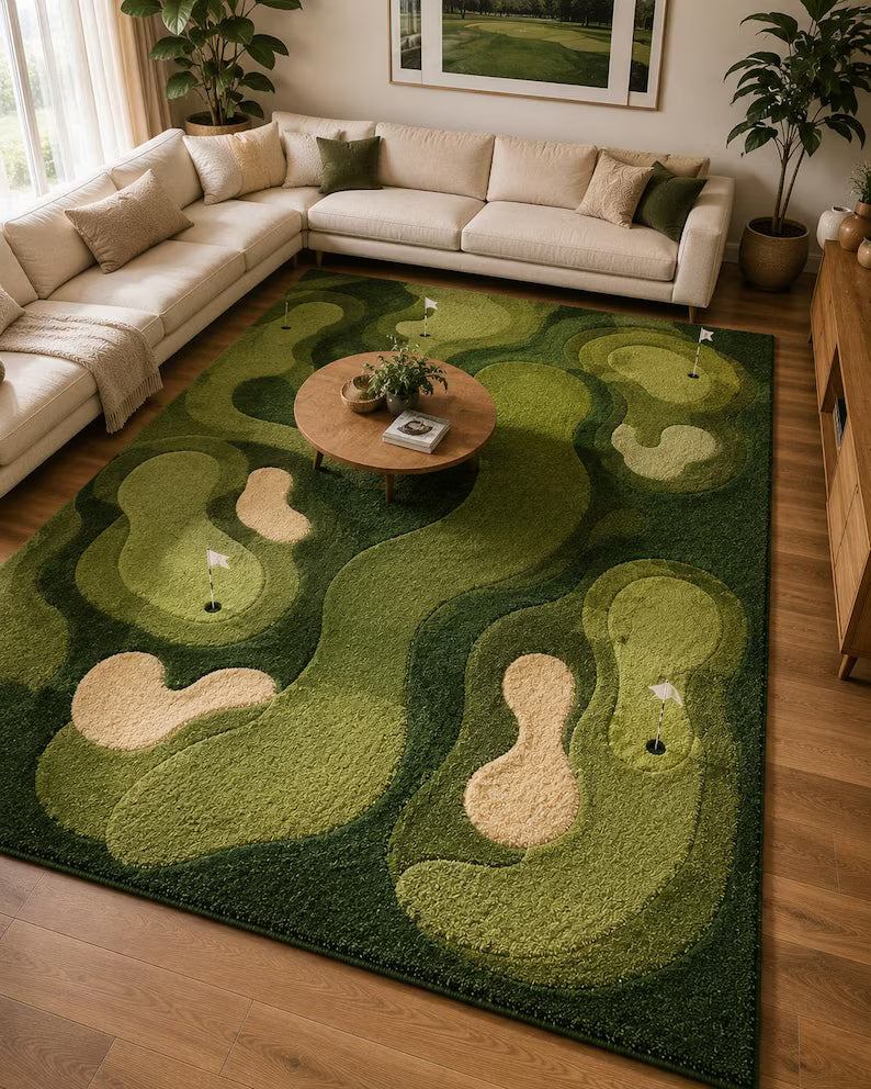 Hand-Tufted Golf Course Wool Rug, Green Putting Green Area Decor . RGTP11