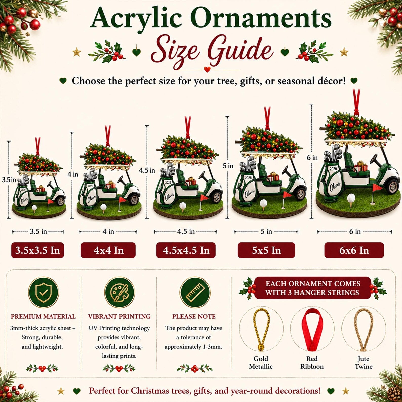 Personalized Golf Cart Christmas Ornament, Custom Golfer Acrylic Ornament, Golf Lover Gift, Golf Bag Ornament. ONMGTP13