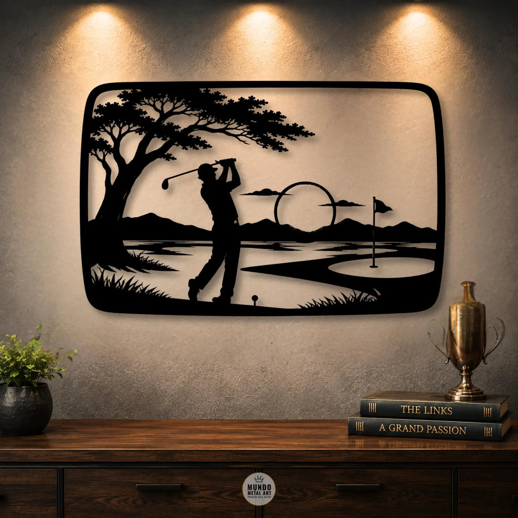 Golf Sunset Metal Wall Art | Golfer Silhouette, Fairway Landscape, Country Club Decor Ipek. MWAGTP12