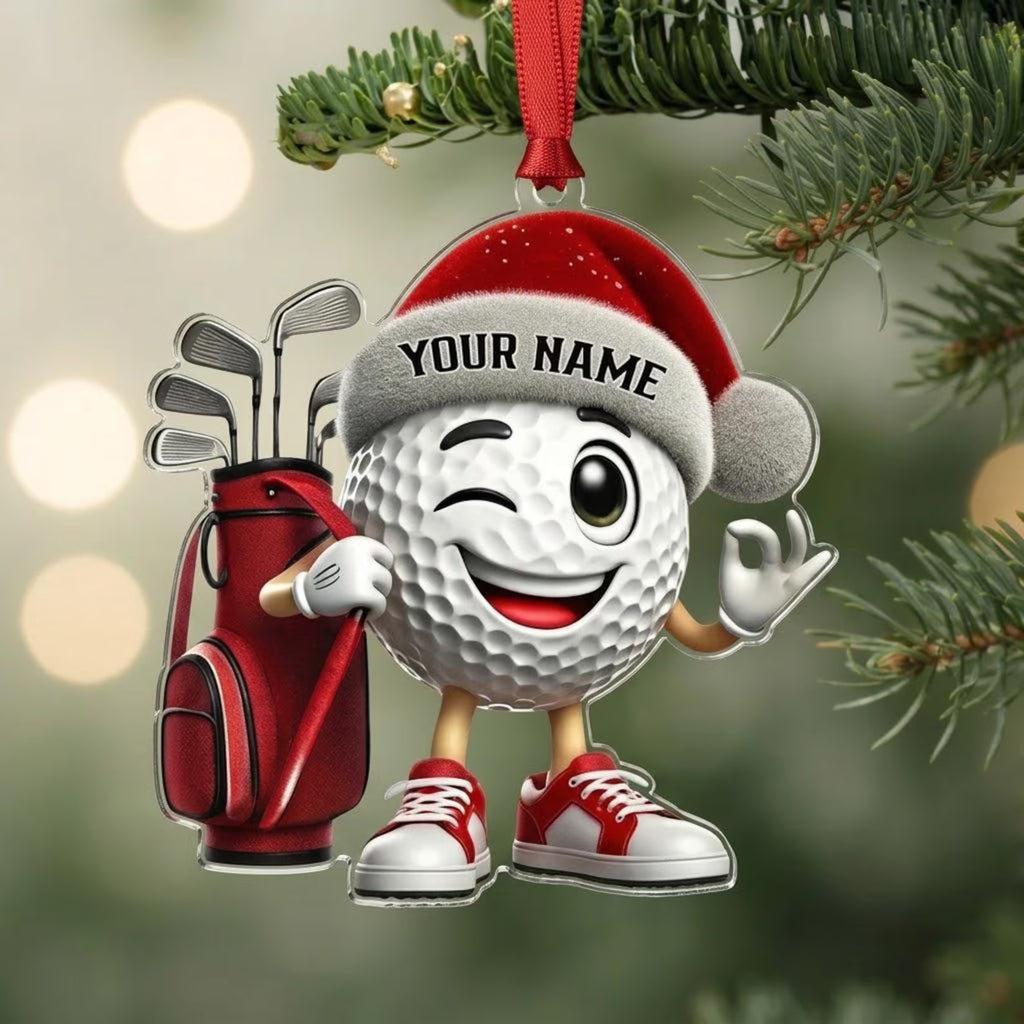 Personalized Winking Golf Ball Acrylic Ornament Custom Golfer Keychain Golf Lover Name Gift Santa Hat Sports Decor Keepsake. ONMGTP16