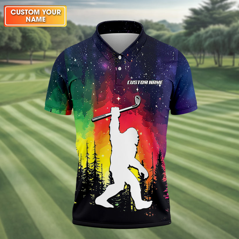 Funny Golf Polo Shirt - Galaxy Sasquatch Looking For Golf Balls - Colorful Nebula Print - Unique Golfer Gift