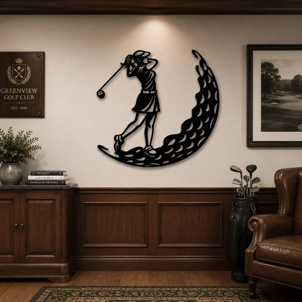Golf Metal Wall Art, Woman Golfer Silhouette Wall Decor, 19th Hole Female Gift Moon Art. MWAGTP18