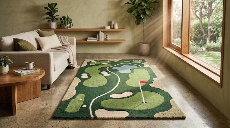 Modern Golf Court Hand Tufted Area Rug For Play Room, Green Sports Rug For Bedroom, Custom 6x9 Rugs For Kids Room, 12x15. RGTP28