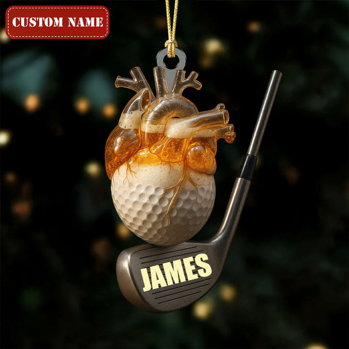 Personalized Golf & Beer Heart Acrylic Ornament, Funny Anatomical Shape Acrylic Decor, Custom Name Golfer Christmas Gift