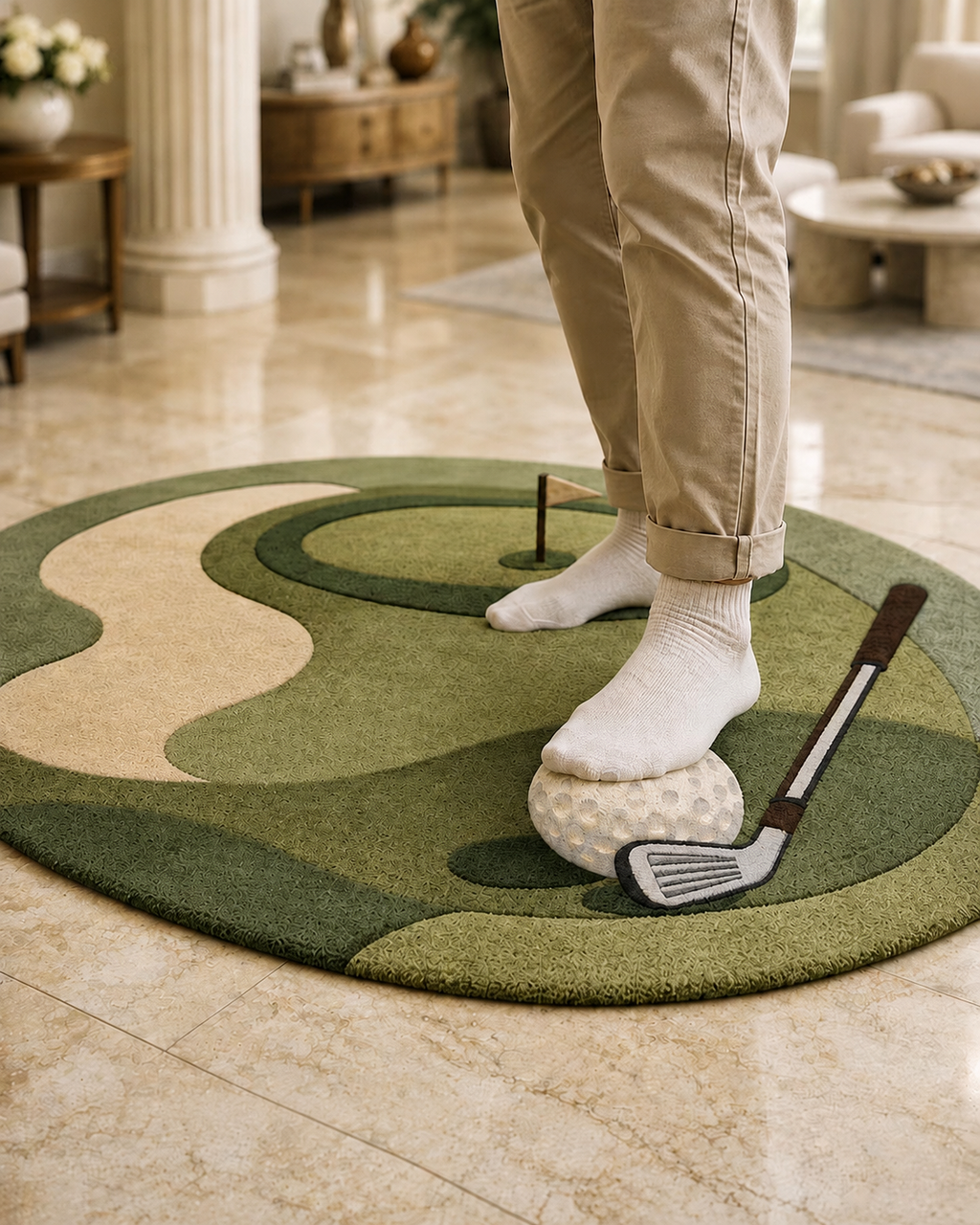 Golf Course Tufted Rug, Round Sports Carpet, Game Room Decor. RGTP7