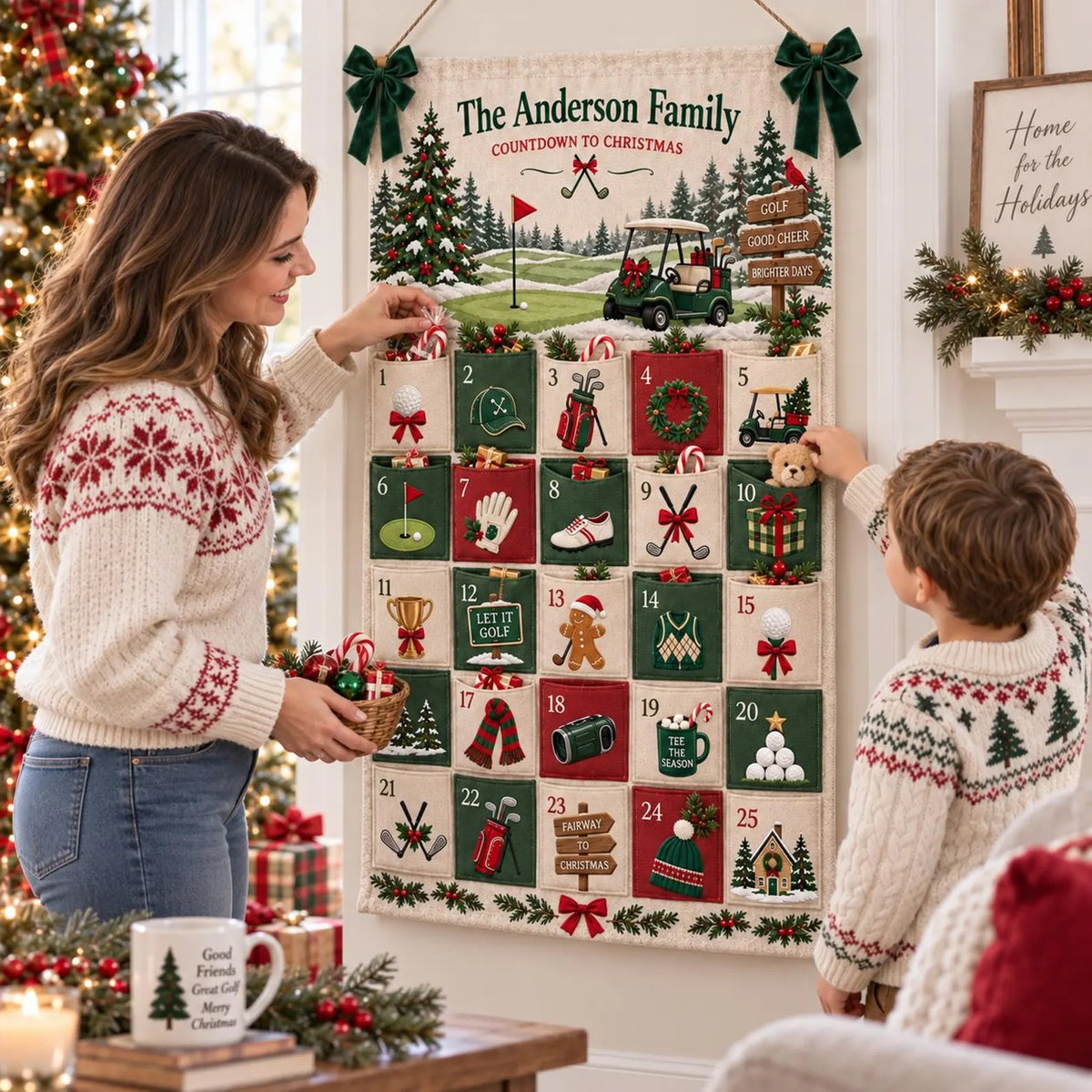 Personalized Golf Christmas Fabric Advent Calendar, 25 Day Golfer Pocket Countdown, Custom Family Name Quilted Wall Hanging, Golf Lover Xmas. ACGTP10