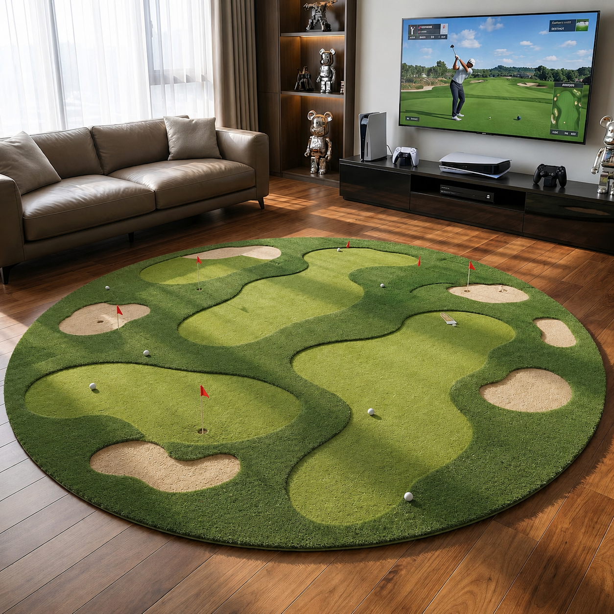 Golf Putting Green Round Rug | Hand-Tufted Wool Putting Mat | Indoor Golf Practice Rug for Living Room, Game Room, Man Cave. RGTP16
