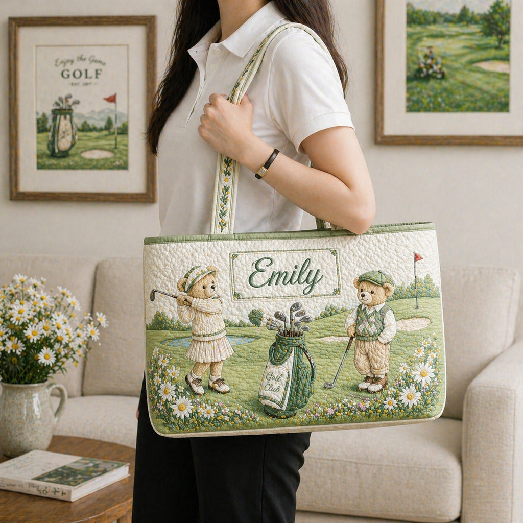 Personalized Bear Golf Quilt Tote Bag, Custom Name Bear Golf Shoulder Bag, Quilted Tote for Golf Lover, Cute Golf Gift for Her QTTB01