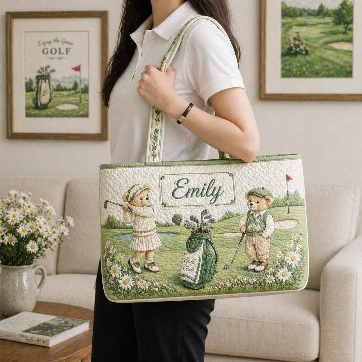 Personalized Bear Golf Quilt Tote Bag, Custom Name Bear Golf Shoulder Bag, Quilted Tote for Golf Lover, Cute Golf Gift for Her QTTB01
