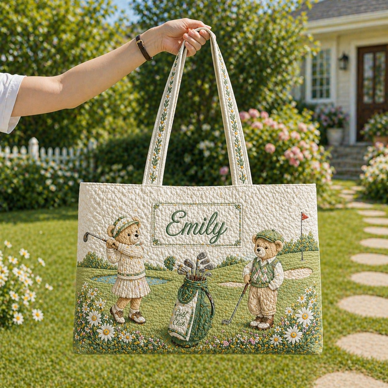 Personalized Bear Golf Quilt Tote Bag, Custom Name Bear Golf Shoulder Bag, Quilted Tote for Golf Lover, Cute Golf Gift for Her QTTB01