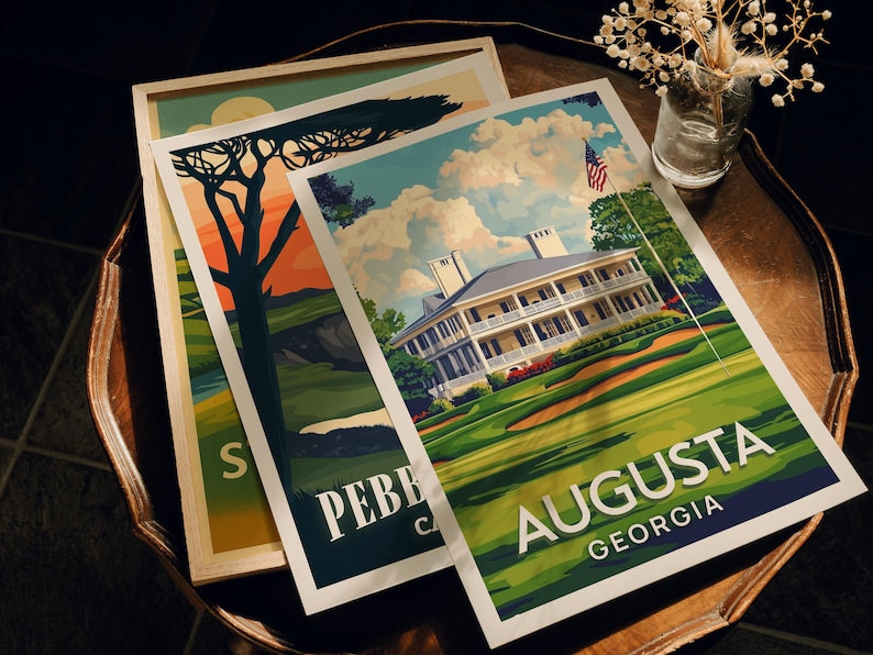 Famous Golf Courses – 3 Fine Art Prints (Augusta, Pebble Beach, St Andrews), Vintage Golf Wall Art, Gift for Dad, Cave Golf Decor PTGTP18