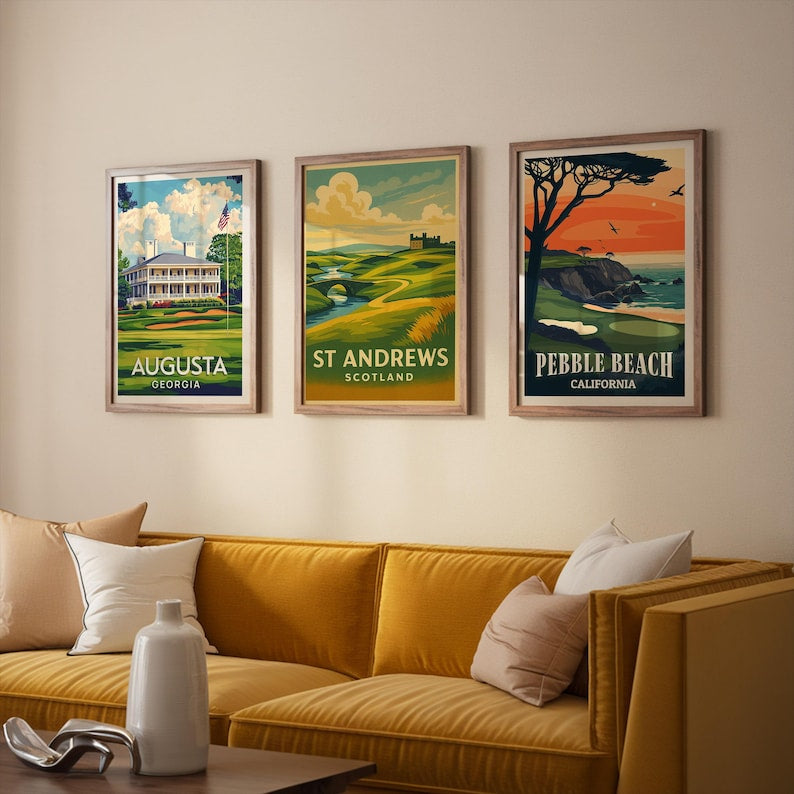 Famous Golf Courses – 3 Fine Art Prints (Augusta, Pebble Beach, St Andrews), Vintage Golf Wall Art, Gift for Dad, Cave Golf Decor PTGTP18