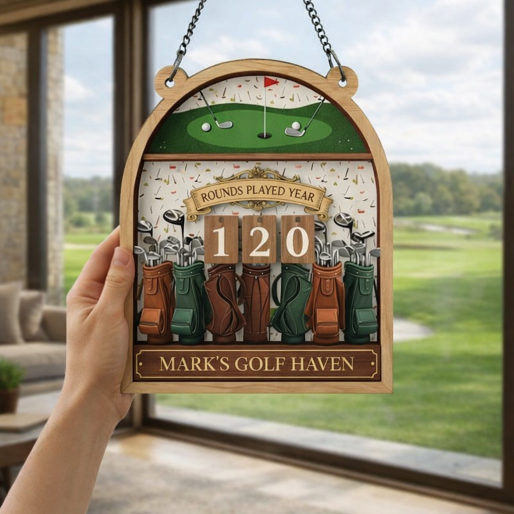Custom Golf Rounds Tracker Sign, Personalized Golf Bag Collection Wall Decor, Annual Score Counter with Interchangeable Numbers, Gift for Him