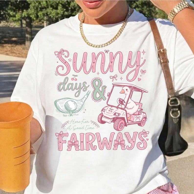 Sunny Days and Fairways T-Shirt, Retro Golf Shirt for Men & Women, Funny Golf Gift, Vintage Clubhouse Graphic Tee, Summer Golfer Apparel CF01