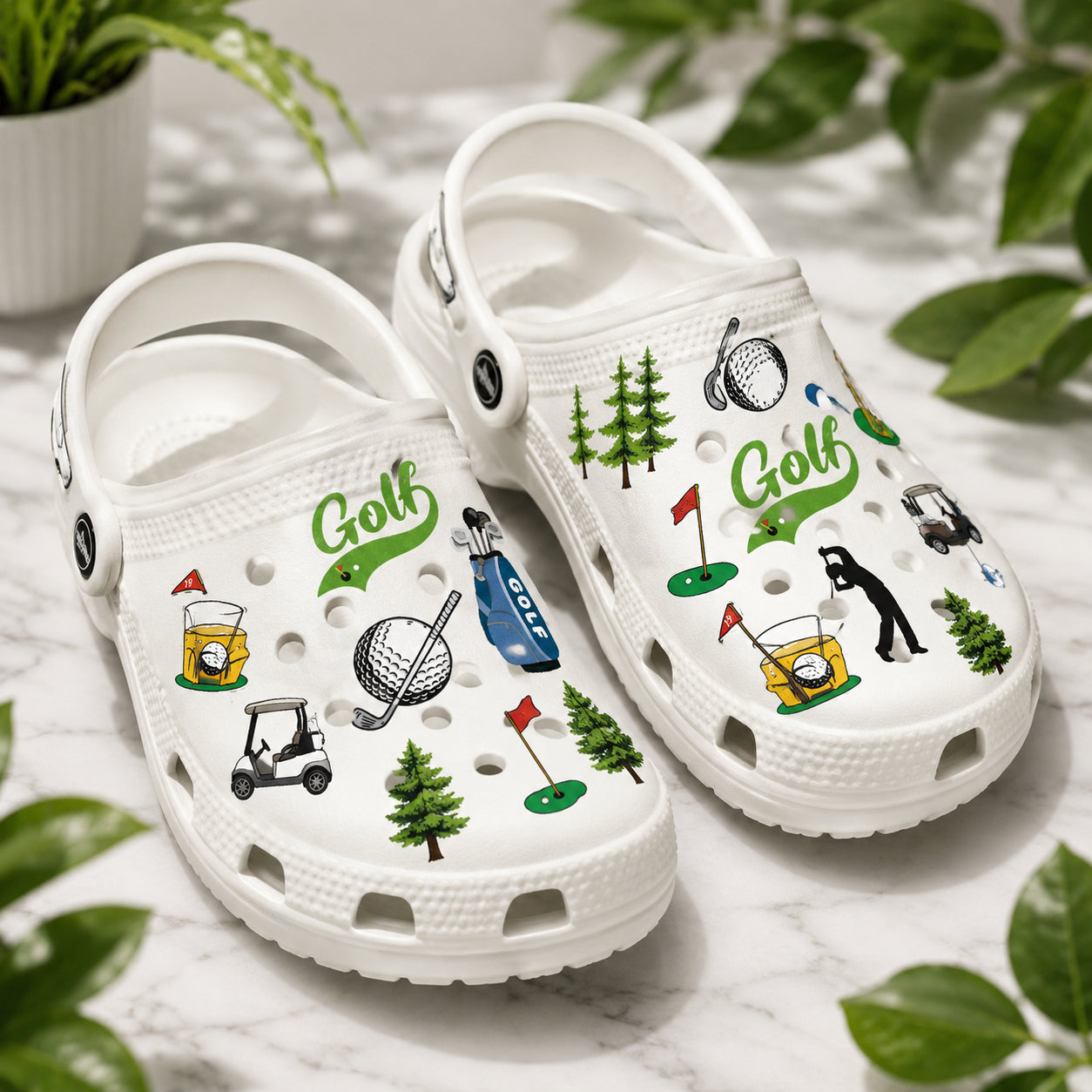 Golf Theme Clogs Print Clogs, Golf Pattern Clogs, Unisex Kid Adult Clogs, Summer Clogs, Waterproof EVA Slip-On Shoes, Comfortable Casual Sandals CLGOLF02