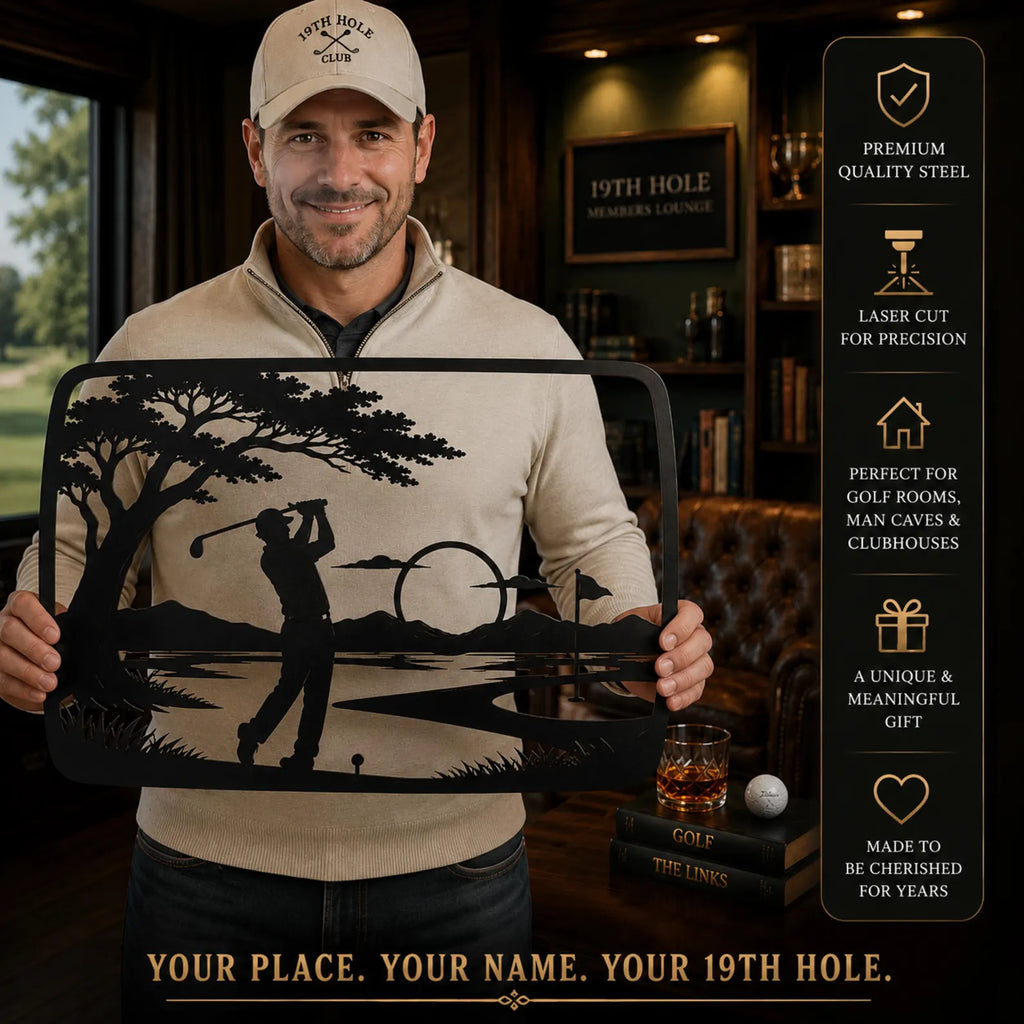 Golf Sunset Metal Wall Art | Golfer Silhouette, Fairway Landscape, Country Club Decor Ipek. MWAGTP12