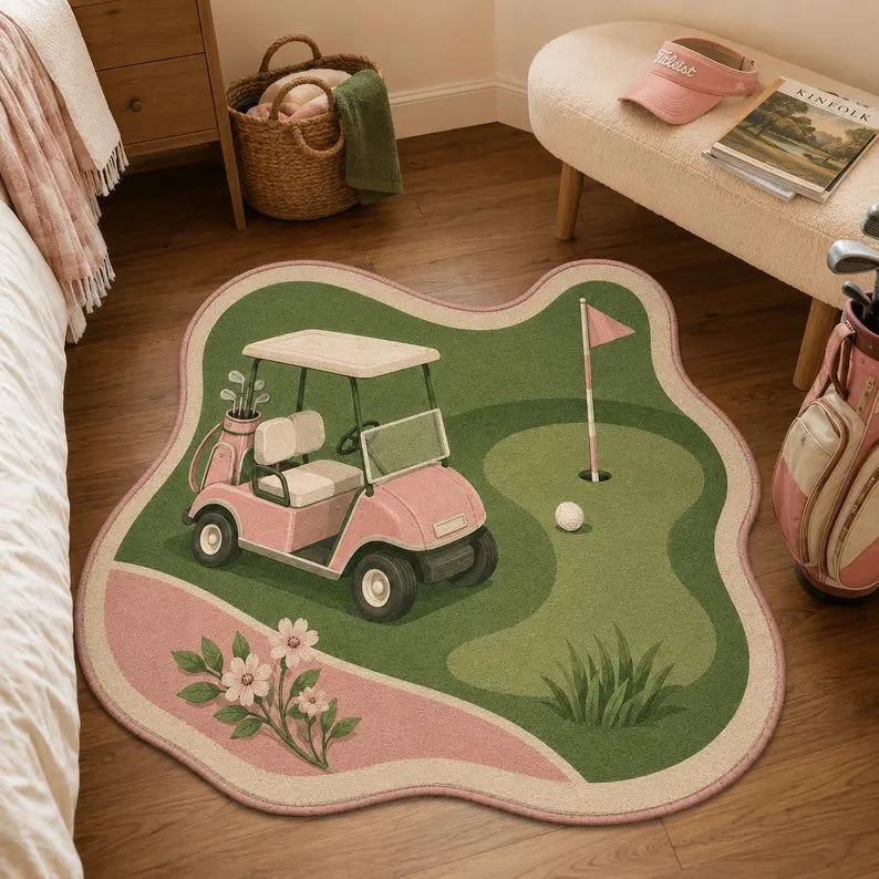 Golf Cart Rug, Pink Green Fairway Carpet, Golfer Gift. RGTP5
