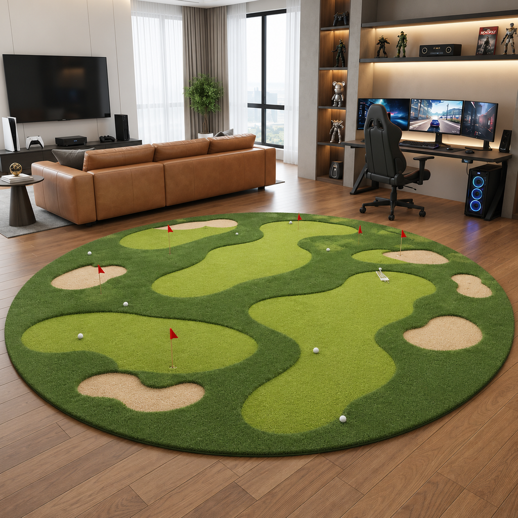 Golf Putting Green Round Rug | Hand-Tufted Wool Putting Mat | Indoor Golf Practice Rug for Living Room, Game Room, Man Cave. RGTP16