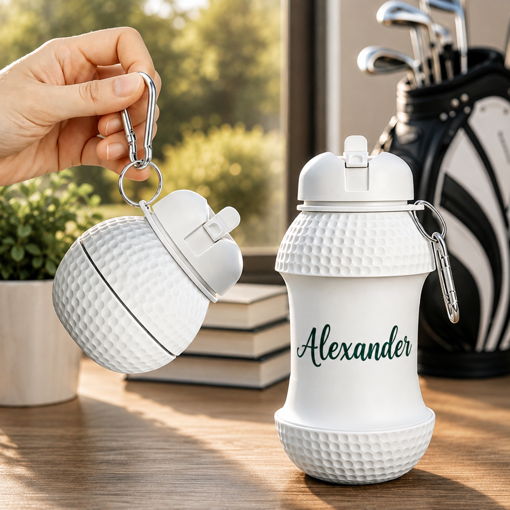 Personalized Golf Ball Foldable Water Bottle, Custom Name Collapsible Silicone Bottle, Portable Golf Gift for Men Dad Husband – WBGOLF02