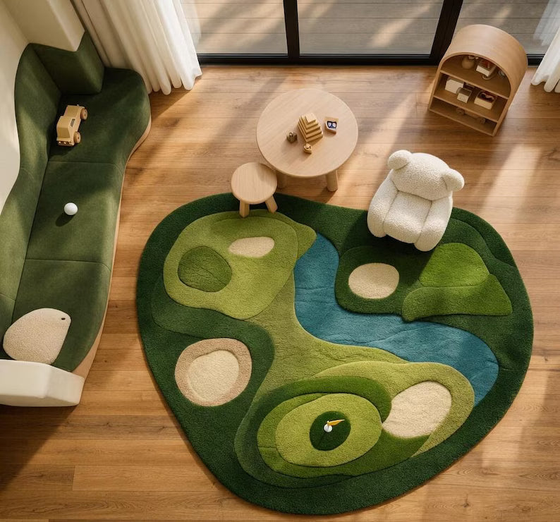 Hand Tufted Golf Course Landscape Rug, Green Nature Moss Carpet, Playful Nursery Decor . RGTP10
