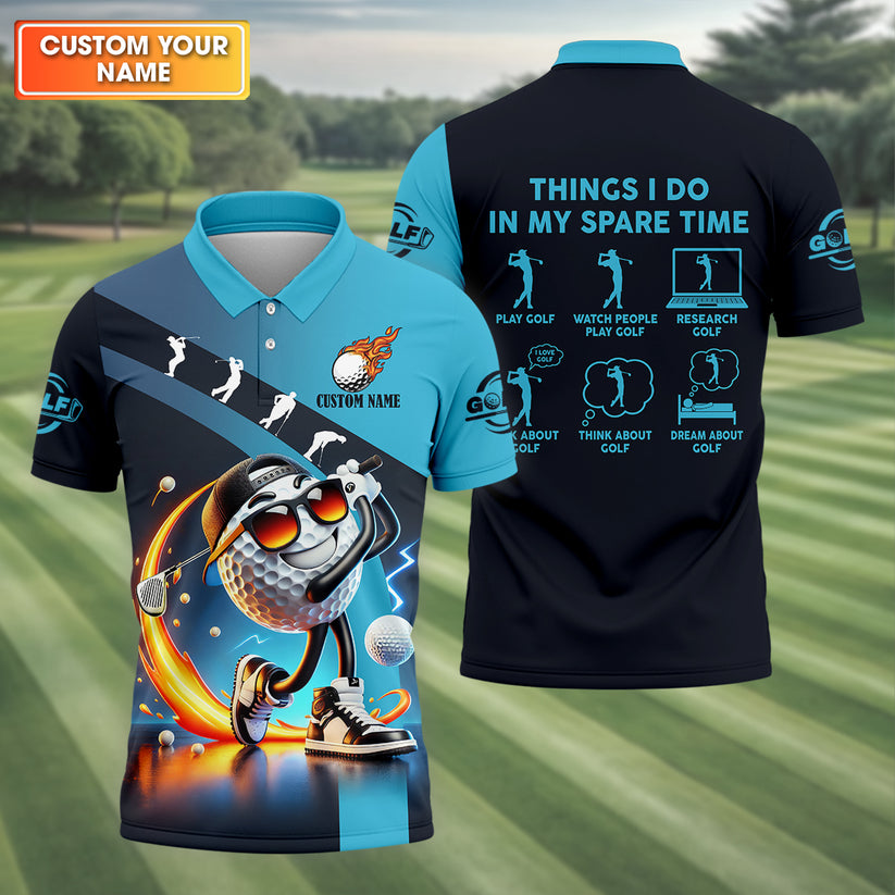 Personalized Funny Golf Polo Shirt Men, Custom Name Cartoon Ball Graphic Polo, "Things I Do In My Spare Time" Quote Top, Unique Golfer Birthday Gift