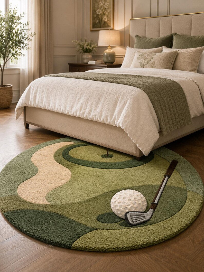 Golf Course Tufted Rug, Round Sports Carpet, Game Room Decor. RGTP7