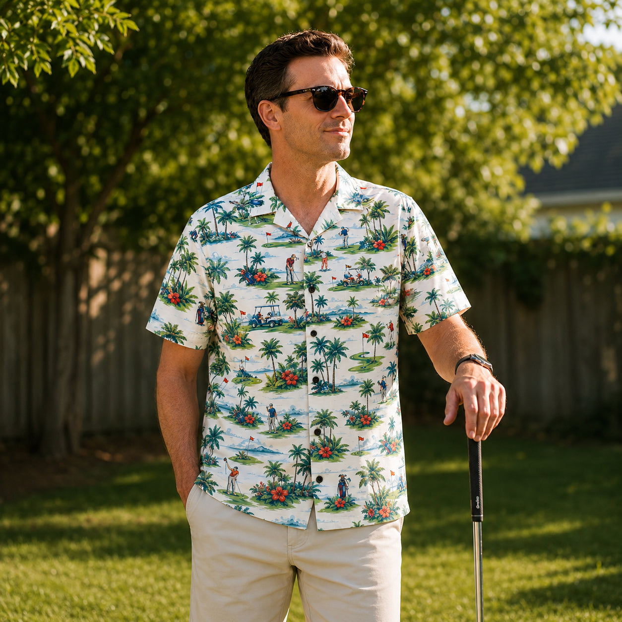 Golf Hawaiian Shirt, Tropical Golf Cart Palm Tree Button Down Shirt, Summer Resort Vacation Shirt for Golf Lovers HW02