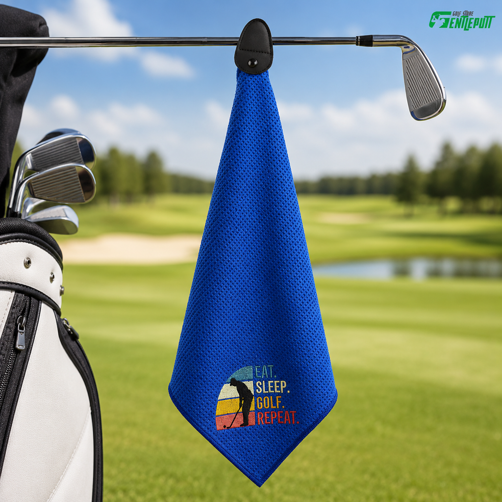 Eat Sleep Golf Repeat Towel, Waffle Microfiber Golf Towel with Clip, Funny Golfer Gift, Golf Bag Accessory for Men and Women TWGTP07