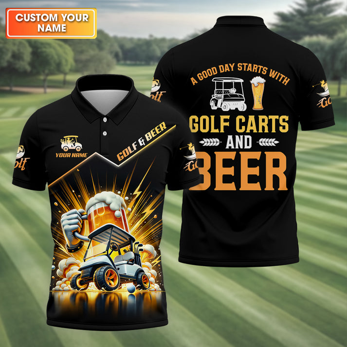Golf Carts & Beer Golf Polo Shirt, Funny Monster Cart Graphic, Custom Name Golfer Gift,Men's Performance Apparel Gift for Dad & Husband, Polo For Golfer