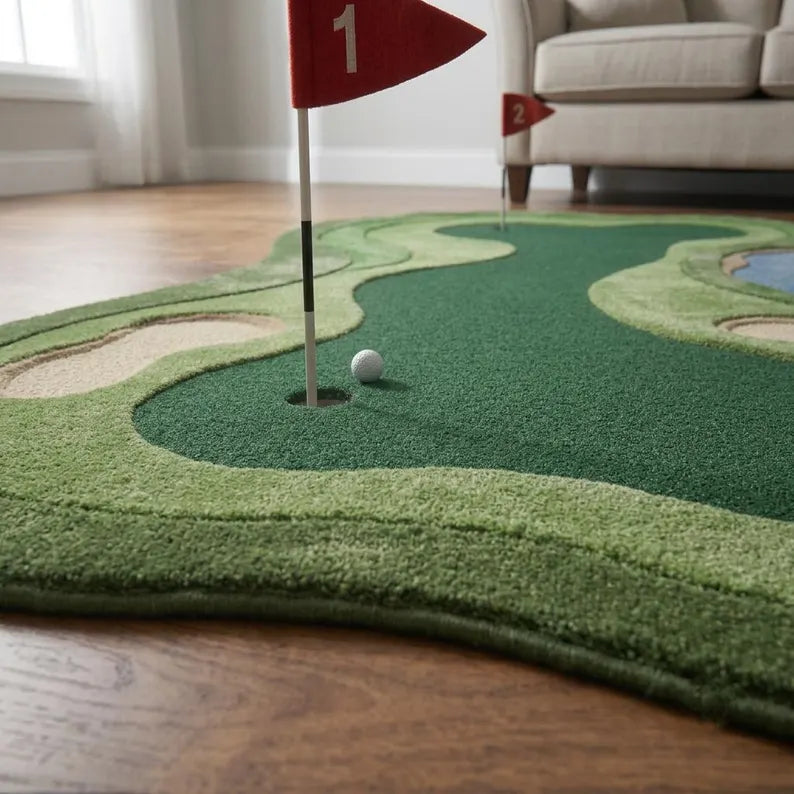 Hand Tufted Wool Golf Putting Green Rug, Irregular Golf Hole Shape, Man Cave Decor. RGTP24
