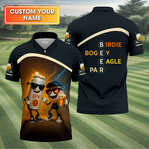 Personalized Funny Beer and Golf Polo Shirt for Men, Custom Name Sleeve Polo,Drinking Team Uniform with Beer Can Graphic, Unique Golf Dad Gift PLSGTP25