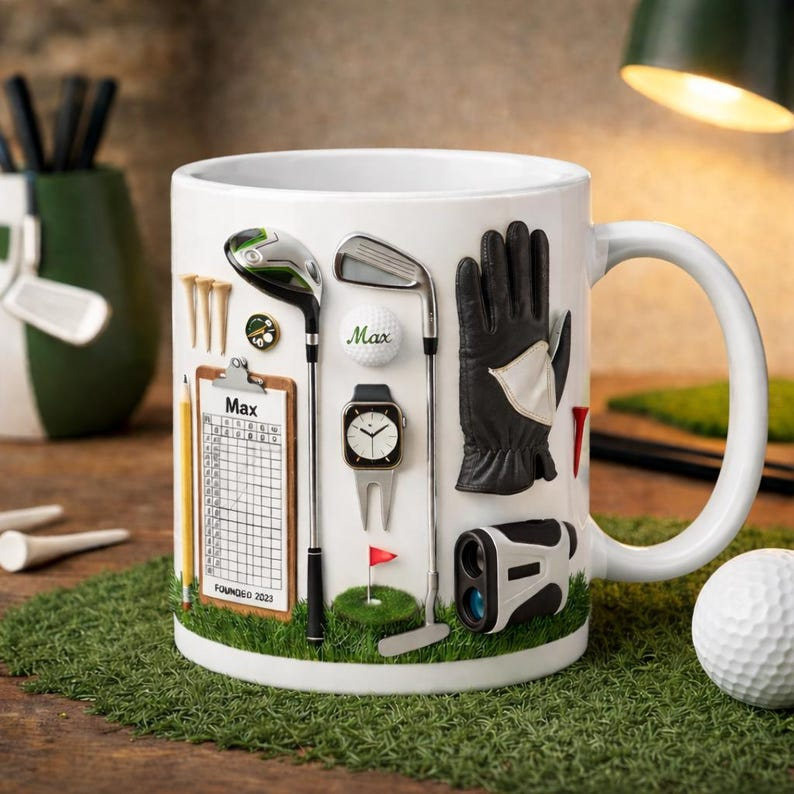 Personalized Golf Mug 3D Effect (Flat Print) - Custom Name Golf Gear Art - Funny Illusion Gift for Him