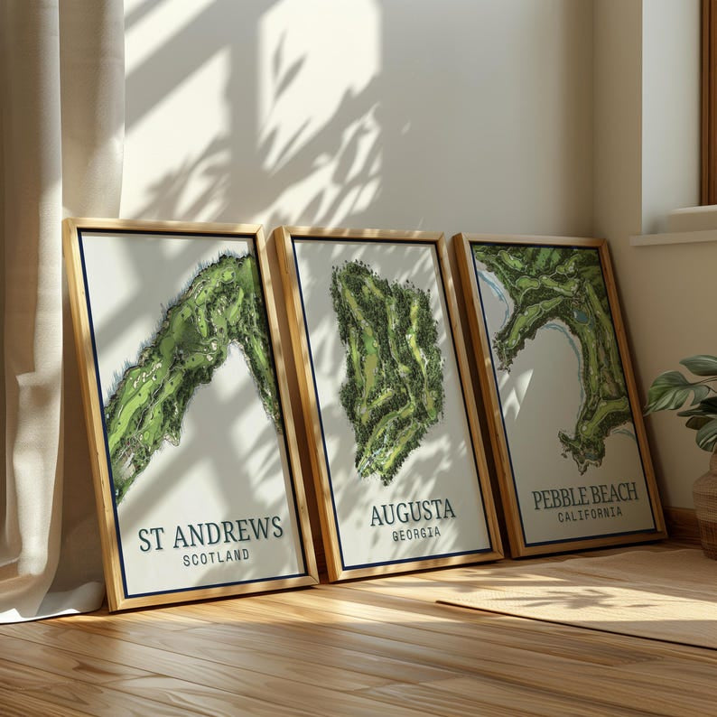 Set of 3 Famous Golf Courses Prints (Augusta, Pebble Beach, St Andrews), Masters Golf Posters, Golf Poster For Home Decor, Vintage Art Poster PTGTP17