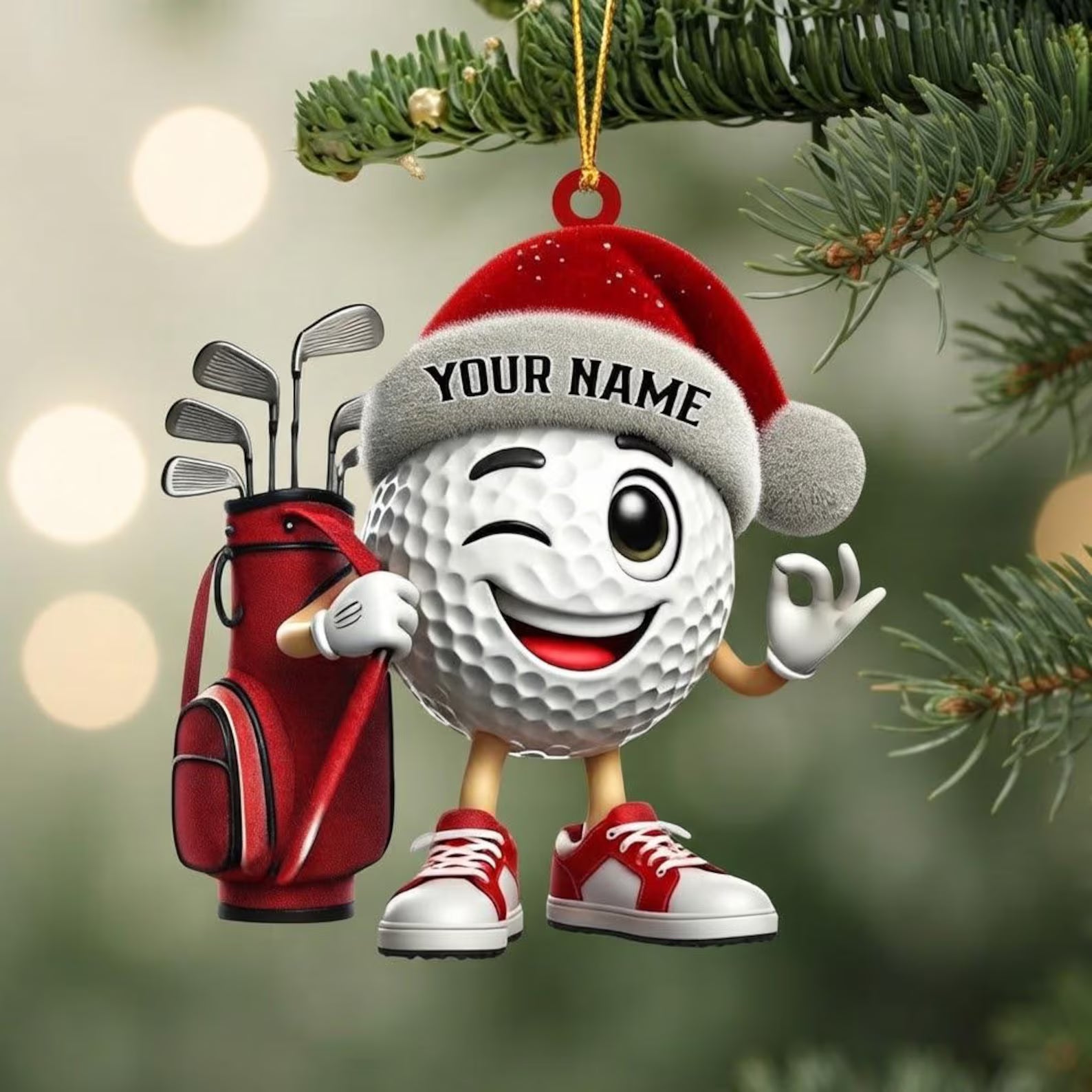 Personalized Winking Golf Ball Acrylic Ornament Custom Golfer Keychain Golf Lover Name Gift Santa Hat Sports Decor Keepsake. ONMGTP16