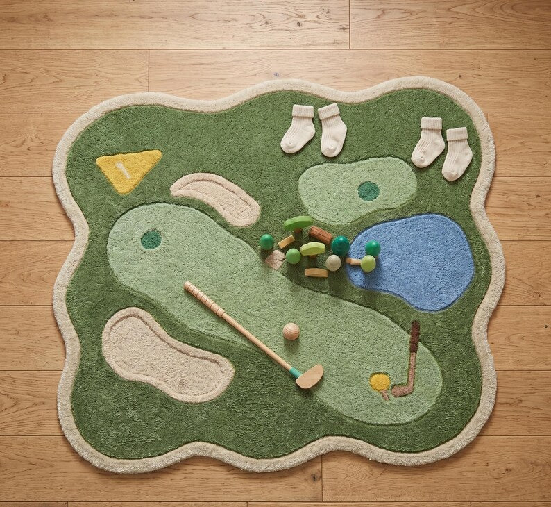 Handmade Wool Kids Area Rug – Nursery room Golf Play Mat. RGTP27