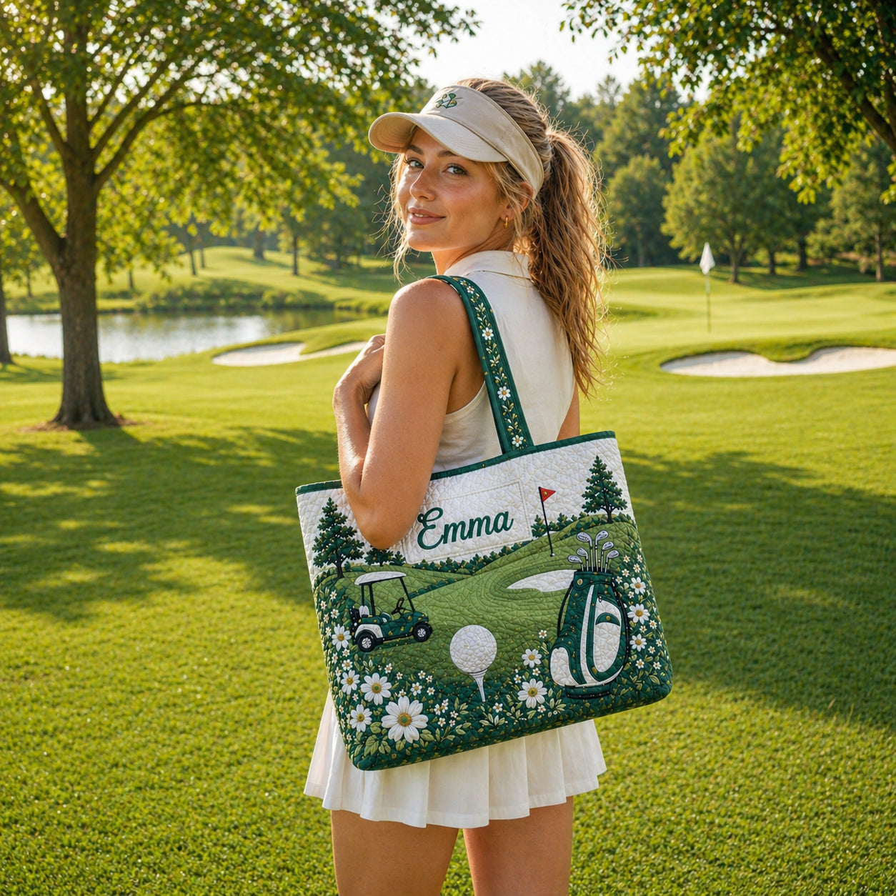 Personalized Golf Quilt Tote Bag, Custom Name Golf Shoulder Bag, Quilted Tote for Golf Lover, Cute Golf Gift for Her QTTB02